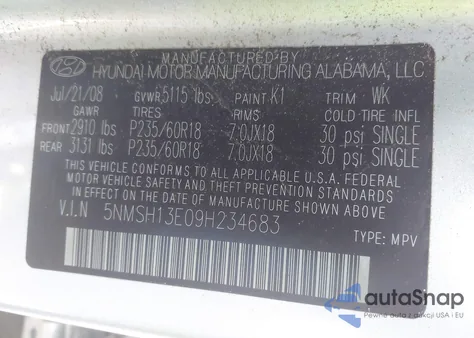 2009 Hyundai Santa Fe Limited z USA, uszkodzony, nr VIN 5NMSH13E09H234683